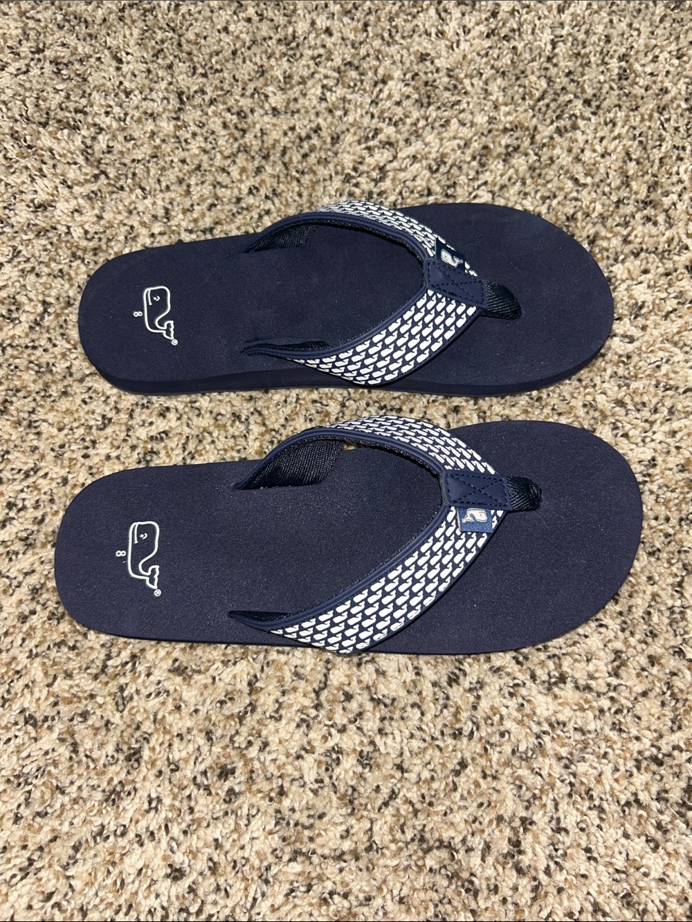 Vineyard Vines Navy Flip Flops with White Whale Pattern